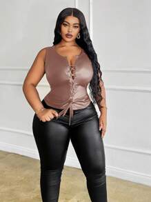 Slaydiva Plus Size Streetwear Seksowny Codzienny Uniwersalny Przód Wiązany Dopasowany Top PU, Czarny, Jesień