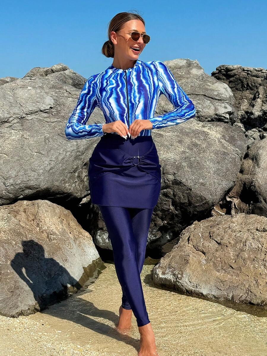 Swim Mulvari 3 件套简约风格女式拉链波浪图案泳衣，包括 1 件连体泳衣、1 件蓝色下装和 1 件金属环连接裙子夏季 - 彩色 - 查看 1