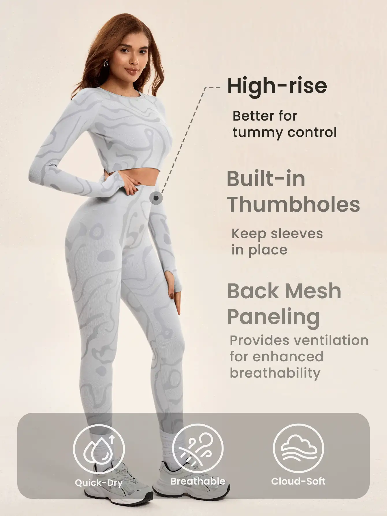 Lifespree 2 件女式休闲无缝圆领长袖上衣和紧身裤，弹力瑜伽运动套装健身套装 - 灰色 - 查看 3