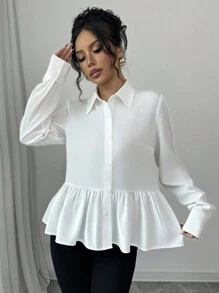 Elenzga Shirt Collar Bowknot Decor Long Sleeve Blouse - White - View 6