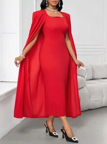 SHEIN Lady Váy dài tay thẳng dự tiệc cưới màu đỏ thanh lịch mùa thu đông - Đỏ - Xem 8