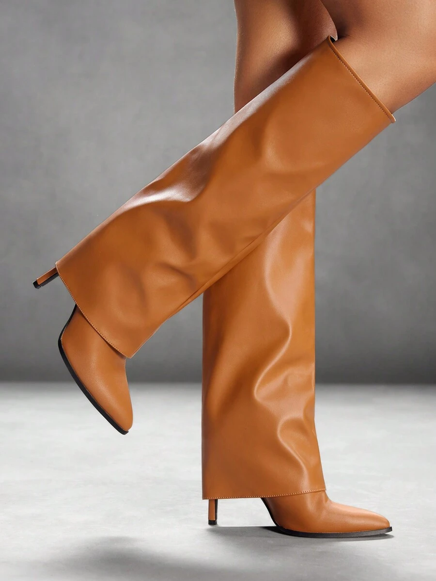 CUCCOO SZL Brown Textured Pointed Toe High Shaft Slim High Heel Over-The-Knee Boots, Sexy Fashionable Riding Boots For Women For Christmas And New Year Holiday Vibe Fall And Winter Valentines - Brown - View 1