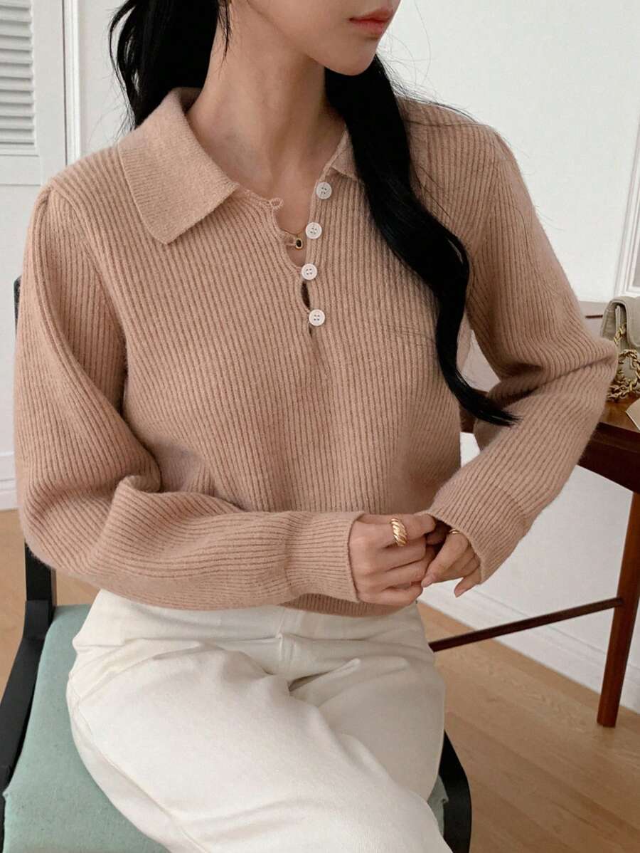 DAZY 1 件女式纯色宽松长袖翻领纽扣毛衣，秋季女装 - 粉色 - 查看 1
