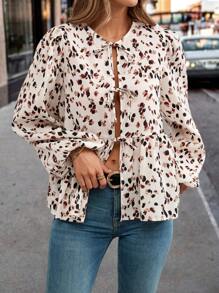 SHEIN Clasi 1 pièce Blouse à manches longues pour femme, col à nœud papillon, ourlet à volants, fermeture devant, couleur unie, élégante