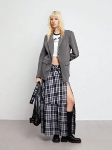 SHEIN Unity 一件女士灰色简约宽肩带收腰休闲西装外套，秋冬 - 深灰色 - 查看 1