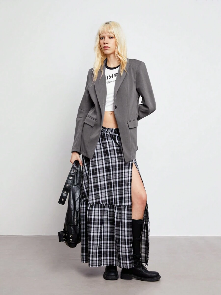 SHEIN Unity 一件女士灰色简约宽肩带收腰休闲西装外套,秋冬 - 深灰色 - 查看 1