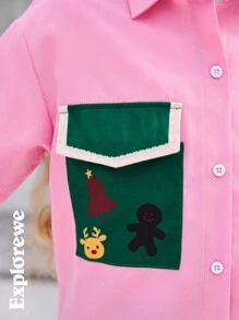 1件女童圣诞图案口袋长袖衬衫，适合圣诞外出、城市街头穿搭和日常穿着。 - 粉色 - 查看 5