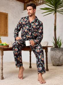 Manfinity Underwear&Sleepwear Basics 男士花卉印花长袖上衣和长裤家居服 - 黃色 - 查看 3