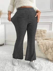 SHEIN LUNE 女士加大码百搭休闲条纹喇叭裤，感恩节新年日常穿着，女士热销 - 黑與白 - 查看 5
