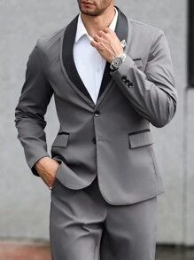 Manfinity Mode Conjunto de traje casual de unicolor para hombre con parches, botones delanteros y bolsillo falso - Gris - Ver 3