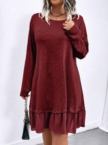 SHEIN LUNE Plus Size Women Solid Color Round Neck Long Sleeve Ruffle Hem Casual Dress, Autumn Burgundy Color Women Outfit