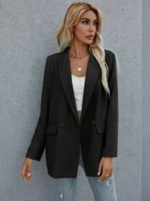 SHEIN PETITE Women's Fashion Casual/Work Solid Peak Lapel Double-Breasted Suit Jacket