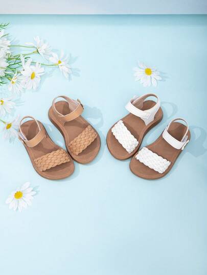 1 par de sandalias gruesas y suaves con cierres de y decoración tejida, para niñas, para uso en exteriores