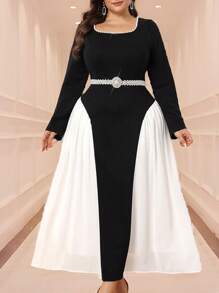 Modelyn Plus Size Color Block Elegant Long Sleeve Empire Waist Dress, Suitable For Evening Party Long Evening Dresses - Multicolor - View 1