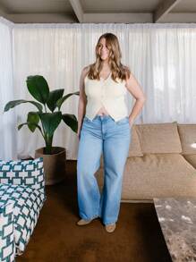 Aralina Curve Cosy Sleeveless V Neck Button Down Knit Vest - Apricot - View 1