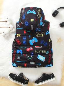 SHEIN Jonge jongens videogame grafische print capuchon rits jas, met gewatteerde voering voor warmte, zachte en comfortabele stof, geschikt voor casual, school, feest en buitenkleding