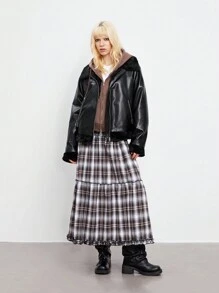 Flirla 1 pieza Chaqueta de moto con cuello de peluche, parches y cremallera de PU negro para mujer, chaqueta de moto para otoño/invierno