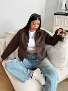 SHEIN EZwear 大码女式休闲日常拉链前夹克，秋季，冬季 - 咖啡棕 - 查看 2