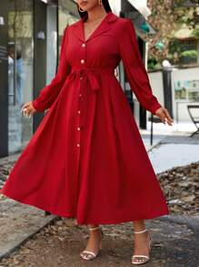 SHEIN Unity 法式优雅极简风红领长裙独特高端女神优雅女士秋季连衣裙新年衣服长款女装 - 紅色 - 查看 6