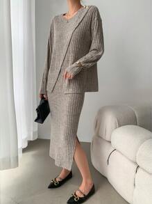 SHEIN Clasi 2 件套仿针织毛绒罗纹优雅裙子套装 - 棕色 - 查看 3