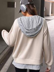 Tropiluxe New Autumn Fashionable Casual Striped Loose 2 In 1 Hooded Long Sleeve Sweatshirt For Women Sportwear For Daily Wear