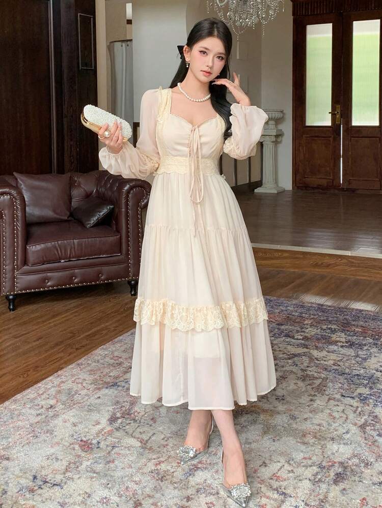 Women's Palace Style Solid Color Ruffle Hem Long Sleeve Dress ,New Year Eve Prom Dress,Fall Dress Elegant Women Dresses Maxi Dress Floral Dresses For Women
