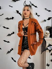 Chiquease Casual Ribbed Bow Decor Cardigan, Autumn/Winter - Coffee Brown - View 8