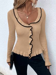 SHEIN LUNE Wide Round Neck Front Button Contrast Trim Elegant Knit Cardigan, Long Sleeve - Khaki - View 6