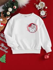 Christmas Themed Baby Girl Sweatshirt, Autumn/Winter Round Neck Pullover Sweatshirt, White Casual Loose Comfortable Sweatshirt, Front Santa Claus Portrait Print With White Beard And Santa Hat, Back "MERRY CHRISTMAS" Santa Claus Portrait, Family, Mother-Daughter Matching - White - View 2