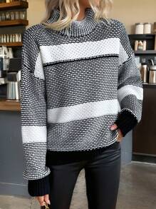 SHEIN LUNE Women's Commuter Contrast Stripe Turtleneck Chunky Knit Sweater
