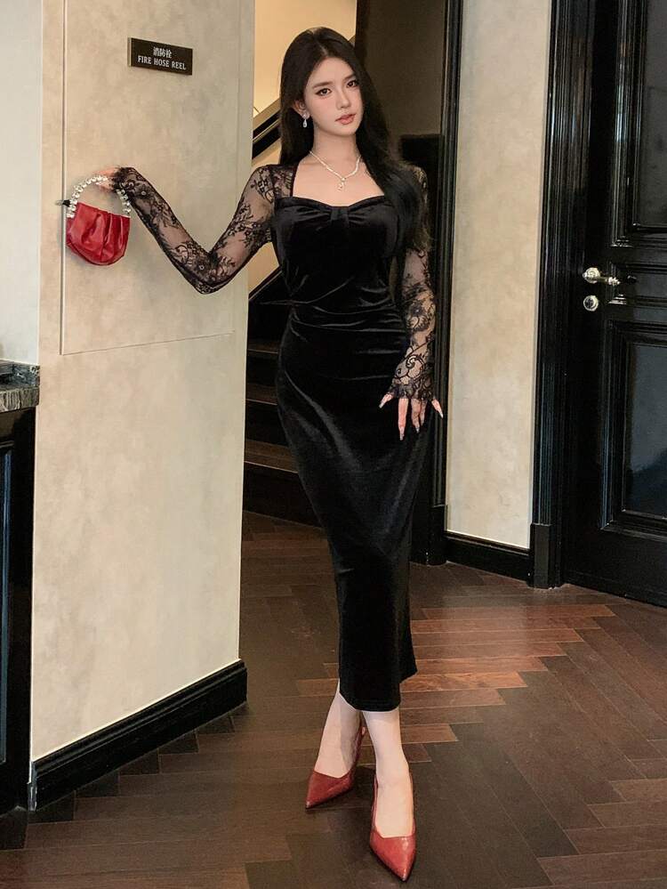 Vestido largo elegante de encaje con contraste para mujer, vestido de gala de Año Nuevo Elegante vestido de manga larga