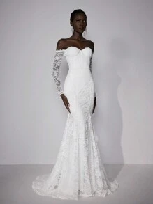 Elitara 优雅浪漫华丽的白色蕾丝全蕾丝露肩长袖蕾丝鱼尾透视U型大露背长拖尾婚礼礼服，适合新娘、新娘礼服、情人节等场合。 - 白色 - 查看 7