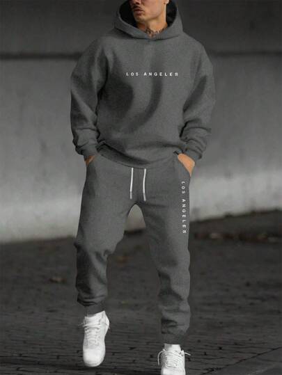 Manfinity Dauomo Men's Plus Size Letter Print Hooded Sweatshirt And Drawstring Pocket Sweatpants Set