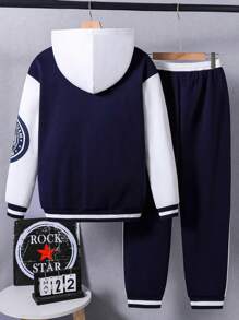 SHEIN Teen Boy American Collegiate Style Letter Graphic Hooded Sweatshirt & Patchwork Long Pants Set Chic Outfits For Autumn/Winter