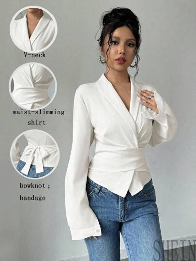 SHEIN PETITE 杏色 V 领收腰蝴蝶结优雅浪漫女士衬衫