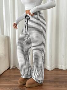Chiquease 女士条纹提花直筒百搭裤 - 黑與白 - 查看 1