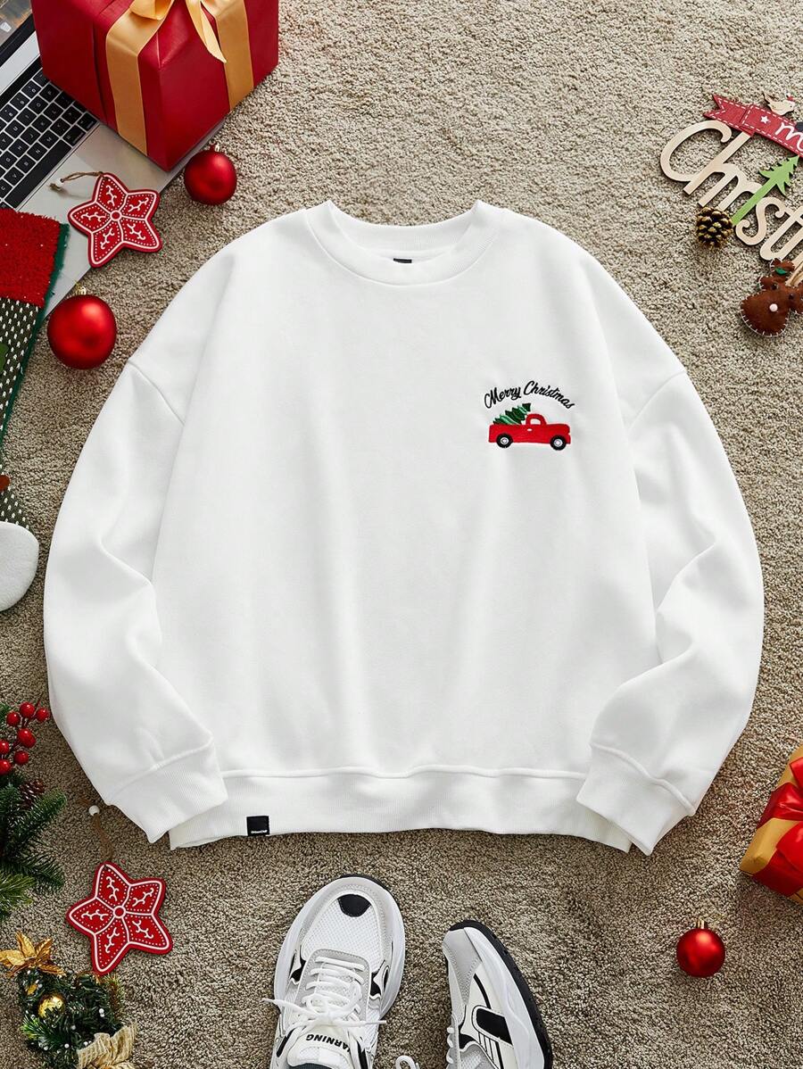 Manfinity VCAY 男士针织时尚休闲青年宽松长袖圣诞图案印花运动衫，适合秋冬 - 白色 - 查看 1