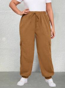 Calvaya Plus Size Women Solid Color Waist Tie Cargo Pocket Pants - Brown - View 5