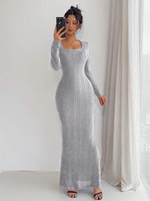 Chiquease 1 件女式纯色方领修身优雅长袖连衣裙长款女装 - 灰色 - 查看 6