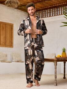 Manfinity ChillVibe 2pcs/Set Men All-Over Print Front Button Long Sleeve Top And Pants Pajama Set - Multicolor - View 1