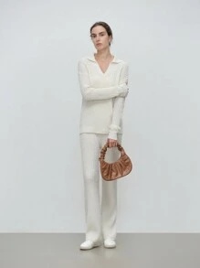 SHEIN LUNE 2 pezzi Set di blusa a maniche lunghe e pantaloni lunghi di colore unito per donna, casual in lana, stile minimalista - Albicocca - Visualizzare 6