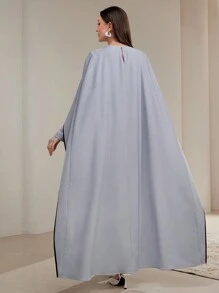 Modelyn Women's Solid Color Round Neck Poncho Splicing Slit Hem Elegant Dress Long Evening Dresses
