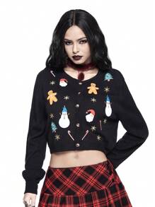 ROMWE Christmas Gingerbread Embroidered Loose Short Cardigan Sweater For Women - Black - View 6
