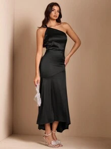SHEIN BAE Elegant Women's Backless Sexy Maxi Cocktail Dress With Train, Suitable For Nightclub, Party, Date, Outing, Autumn
