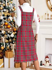 EMERY ROSE Women's Vintage Plaid Side Button Midi Dress, Casual Style For Autumnchristmas Women Dress