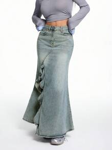 SHEIN EZwear Damen Jeans Rock mit hohem Schlitz und gerüschtem Saum, A-Linie Rock, Halloween Kleidung, Kreuzfahrt Damen Outfits, Halloween Kleidung, Halloween Damen Röcke, Business Lässig Damen, Homecoming kurzer Rock, Herbst Röcke, Winterkleidung für Damen, Cottage Core, Rüsche Röcke, Renaissance, Herbst Damen Röcke, asymmetrische Röcke, Blau - Dunkle Waschung - Übersicht 4