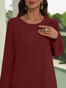 Mulvari 2 件套女士休闲纯色圆领长袖上衣和裤子，秋季 2 件套 - 酒紅色 - 查看 3