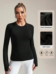 1 件纯色长袖无缝运动 T 恤，带拇指孔