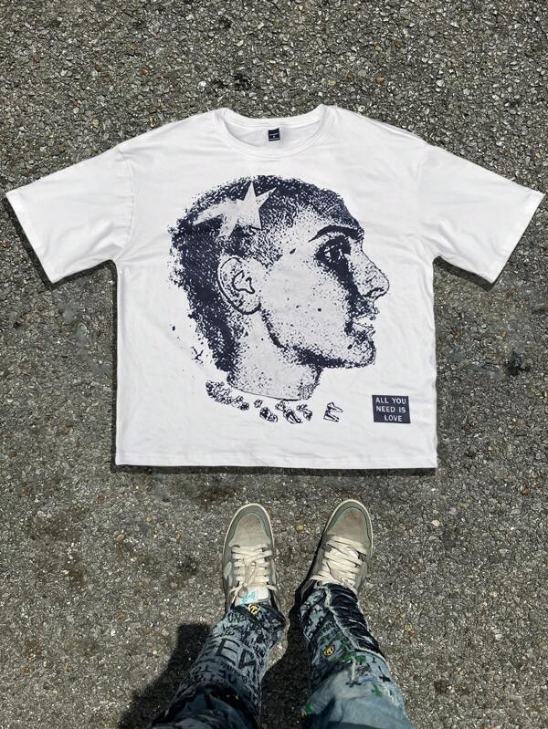 Manfinity Streetrush Bărbați Stil de stradă Portret retro supradimensionat Vechi graffiti Schiță Model mare Pădure Camuflaj Colegiul american Avangardă Clasic Exagerat Bizar Provocare Sânge rece Dărăpănat Mecanic Dezolat Întâmpinat Întunecat Întuneric Low-Key Hip Hop Tricou cu mânecă lungă, Cadou pentru iubit