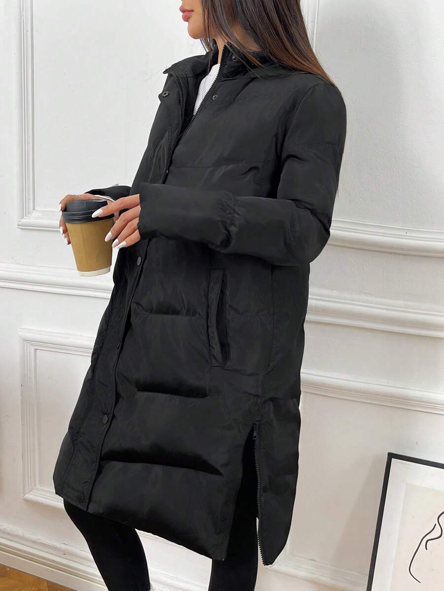 SHEIN EZwear 女士冬季休闲黑色编织连帽棉服外套 - 黑色 - 查看 1